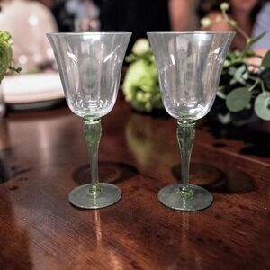 Block Hand Blown Green Melody Goblets, Set Of 2, Vintage Optic Design Glasses‎